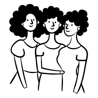 Three women with curly hair standing together, two with shoulder-length black curly hair and one with short black curly hair sticker