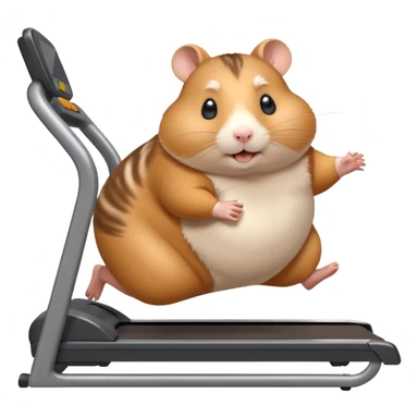 fat hamster big belly trying to run on treadmill sideways desperately trying to catch up with speed sticker