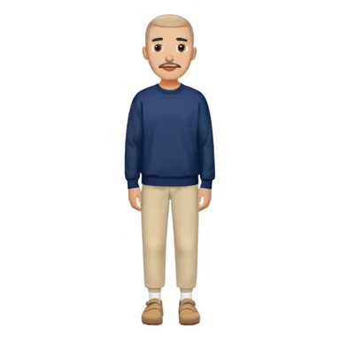 Un homme avec une buzz cut , un bouc une moustache des yeux marrons une boucle d’oreille. Habillé avec un sweat bleu marine et un pantalon blanc et des birk beige  sticker