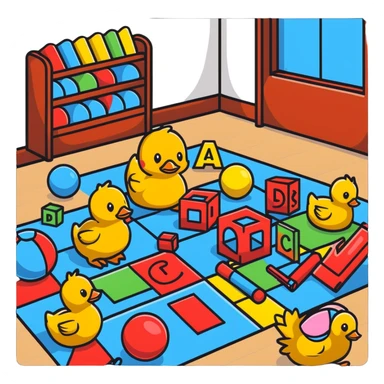 playroom floor with scattered toys - plush teddy, rubber duck, alphabet blocks, bouncy ball, action figures sticker