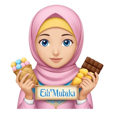 Turkish beautiful finish Konya girl blue eyes with powder pink yellow hijab islamic dress and had on her hand text Eid Mubarak with sweets and celebrating with her friends eid days   sticker