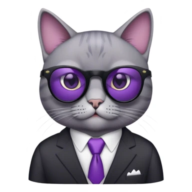 grey cat with low concentration black sunglasses and purple eyes and no pattern in the cat and wears a bellboy suit sticker