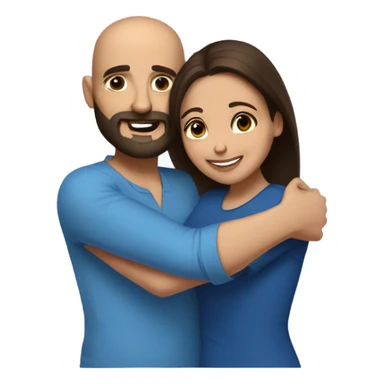 Comforting hug from brunette Puerto Rican with dark brown eyes wearing a cute blue blouse to short, bald man with brown eyes, laugh lines, and a beard sticker