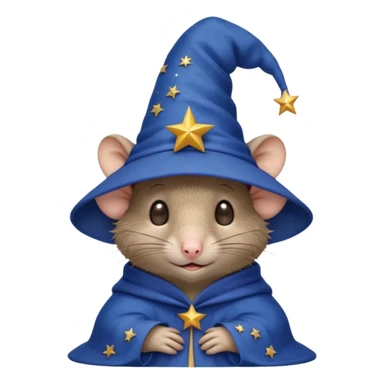 timid house mouse with muted brown fur, large outward tilted ears, beady eyes looking uncertain, wearing huge deep blue wizard hat with stitched stars and crescent moon, floppy uneven brim, drooping at top, front paws flat, tail straight out behind, awkward outfit, emoji style sticker