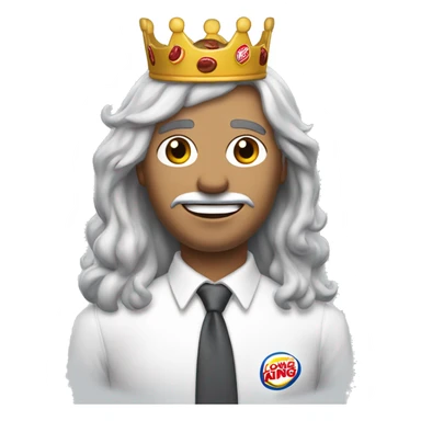 a man in a white button up shirt with long gray hair and a burger king crown white skin sticker