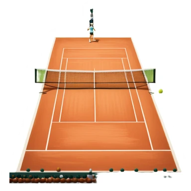 A tennis court at the Roland Garros tournament, with the iconic clay surface and a tennis ball bouncing near the net. The scene evokes the energy and excitement of the grand event, with vibrant crowds in the stands and a competitive atmosphere. sticker