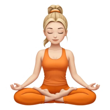 white woman with ponytail hairstyle in lotus position meditation yoga pose, closed eyes, relaxed face, wearing orange yoga outfit sticker