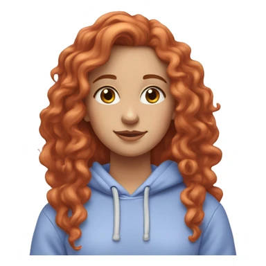 a white girl with long red curly hair, wearing a pastel periwinkle hoodie doing a pose sticker
