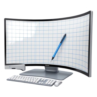 Create an emoji for 3D visualization and modeling. Show a 3D object like room model with grid lines on a big curved monitor. and a modeling tool (e.g., a mouse or stylus). Use modern, professional colors. Do not include any emojis or smiley faces. Make the background transparent. sticker