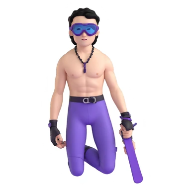 shirtless male athlete with white skin and moderately curly black hair on top with shaved sides, wearing purple ski goggles with black tinted lenses, and a simple plain black chain necklace, no earrings sticker