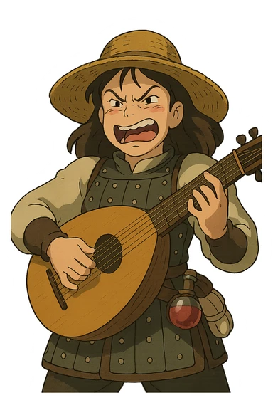A female bard wearing brigandine armor with a sturdy straw hat, playing a fat medieval lute and singing, night time shadows, tool belt with red potion and bandages, portrait , mischievous grin, anger sticker