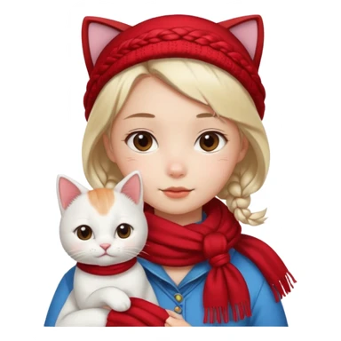 kawaii girl with a braid and a red scarf, holding a cute white cat on her shoulder, smooth and glossy texture, soft lighting, frontal view, high resolution sticker