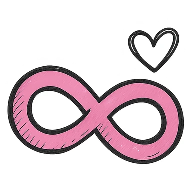 hand-drawn style pink infinity symbol with clear bold outlines, stylized shadows and highlights, with a simple heart shape next to the infinity symbol sticker