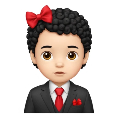 baby boy curly black hair in suit, with red bow sticker