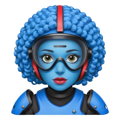 blue curly girl with huge earringswearing paintball with red paintball helmet with eye protection, only face  sticker