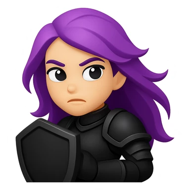 Create an emoji style image of a mysterious warrior girl with flowing purple hair and black armor holding a shield and looking determined. Keep the style and colors consistent with the reference image. No background. sticker