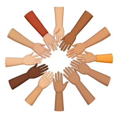 Emoji-style icon showing several diverse hands forming a circle or high-five together, symbolizing unity and team spirit. Flat minimal Apple-style emoji, bright colors, white background, soft shadows. sticker