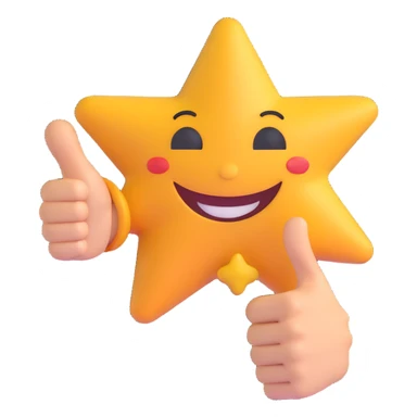 star shape with a smiling face, winking eyes, right hand making a welcoming gesture, left hand giving a thumbs up sticker