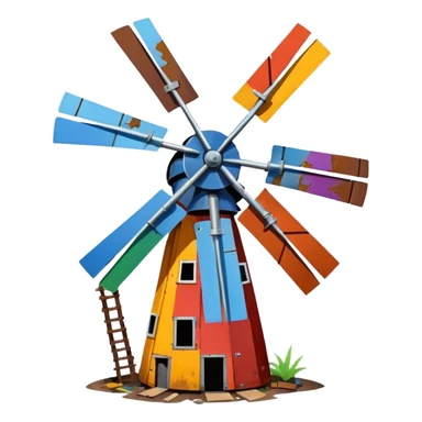 fun and inventive windmill assembled from random junkyard finds, uneven blades sticker