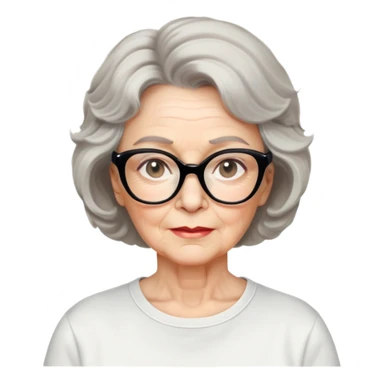 white older woman, about 65 years old, light warm skin, wide face, black wavy neck-length 80s short hair, low volume, neutral expression, large black shiny butterfly or cat-eye glasses, white casual t-shirt sticker