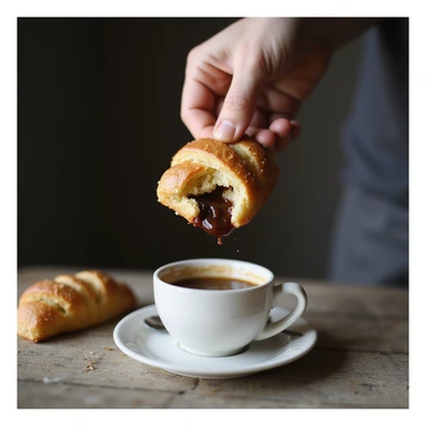 Primo piano di una mano maschile che afferra un cornetto confezionato e un caffè zuccherato per colazione, sfondo cucina, testo in italiano: 'Colazione veloce, sempre la stessa'. sticker