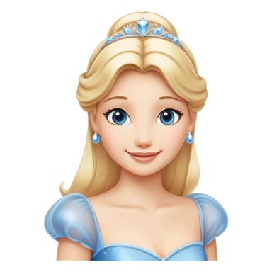 Cinematic Radiant Cinderella Portrait Emoji, rendered in a clean vector-style with bold proportions. Show Cinderella with a warm, serene smile, fair skin, and lustrous blonde hair, wearing a simple yet elegant dress that shimmers with gentle light. The image glows with an inviting, soft radiance and high shine, embodying timeless beauty. sticker