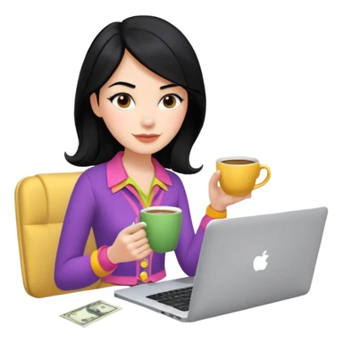  woman character with laptop and coffee in Paris, dollars coming out from the screen floating, colorful chic outfit, white laptop, Pixar style, black hair, fair skin,  sticker