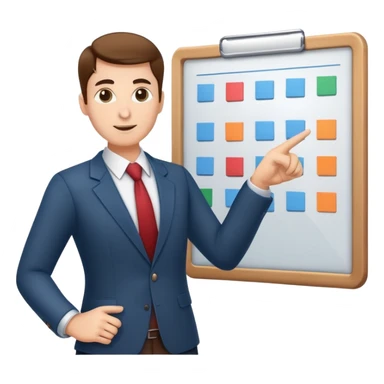 professional figure pointing at a task board or flowchart. The character wears business casual clothing sticker