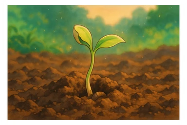 a sprouting seed breaking through soil, representing creation, ghibli style sticker