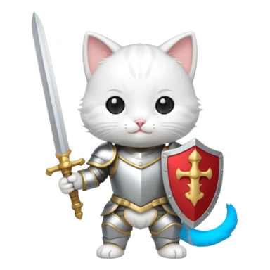 baby chibi white cat in silver armor, full body, smile, hold sword sticker