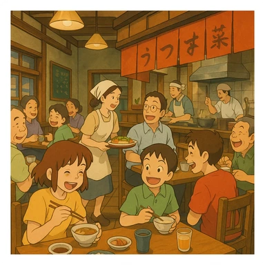 bustling anime restaurant scene with many cheerful customers, dynamic composition, Studio Ghibli style sticker