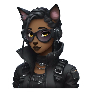 Gorgeous dark techwear cyberpunk style anthro cat sona, aesthetic, and pretty edgy black with collar and harness, trending style sticker