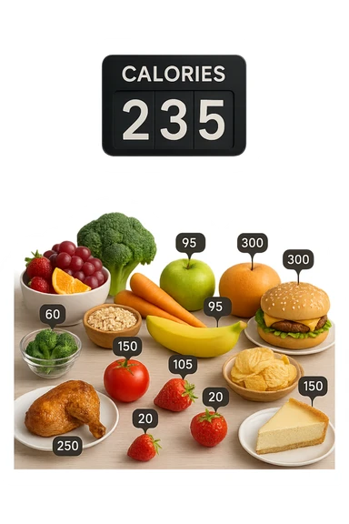 a digital calorie counter hovers above a variety of foods arranged on a table—fruits, vegetables, grains, meats, and desserts. Each food has a floating label showing its calorie content. The background is clean and modern, emphasizing the educational aspect of calorie awareness. sticker
