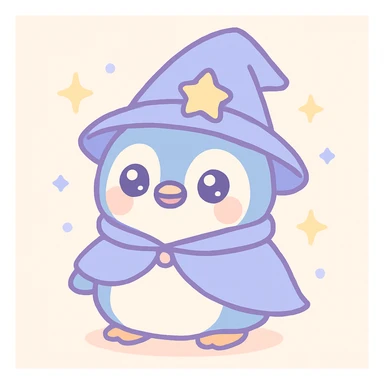 chubby penguin with a wizard hat and cloak, surrounded by sparkles, soft rounded illustration style, cute kawaii style sticker