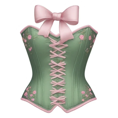 Sage green corset with flower embroidery and pink bows, isolated sticker
