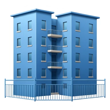 blue rectangular 9-story apartment building surrounded by fence, closed courtyard, minimal flat vector icon sticker
