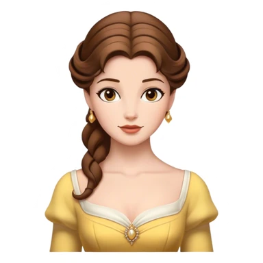 Cinematic Realistic Belle Portrait, depicted with lifelike skin texture, soft natural lighting, and intricately detailed brown hair styled elegantly. Her deep, expressive eyes exude warmth and intelligence, complemented by a serene and graceful expression. She is dressed in her classic attire, with rich fabric textures and delicate folds that catch the light beautifully. The portrait features a soft, enchanting glow with a natural, radiant finish, capturing the essence of timeless beauty in a realistic and painterly style, evoking a sense of depth and authenticity. sticker