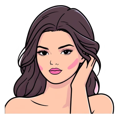 Kendall Jenner, elongated face, long flowing hair, pink glossy lipgloss, pink blush on cheeks, bare shoulders and upper body sticker