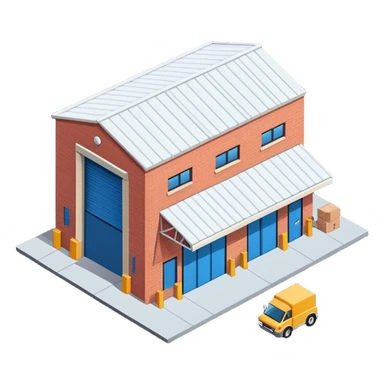 Single story warehouse building in isometric view with loading dock and roll-up door sticker