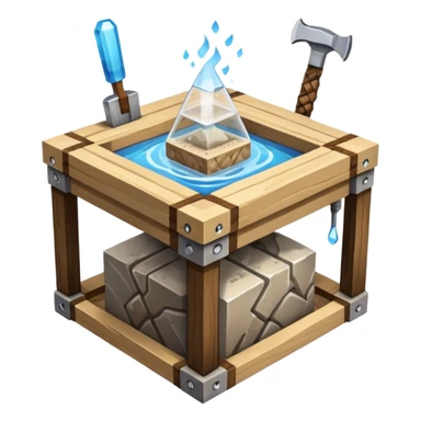 crafting table with tools, stone, wood, glass, sand, steam, water... like a minecraft style cube crafting table 100% like a minecraft table crafting, with on the right, left, a glass showing crafting merging between stone and wood sticker