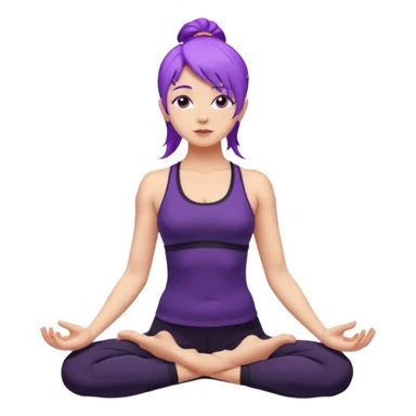 A woman with purple hair standing tall in mountain pose, wearing a black yoga outfit, calm expression, mandala background, digital art style. sticker