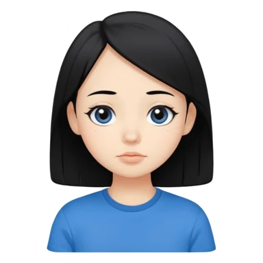 Cute cartoon-style girl portrait, black hair, blue t-shirt, big black eyes, closed mouth,clean bold lines, flat colors, minimal shading sticker