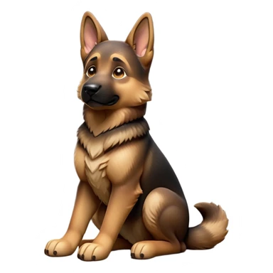 cinematic-[german shepherd]-realistic-full-body-sitting-emoji,-tail-resting-loosely-beside-its-paws,-head-tilted-dramatically,-sleek-[brown and black]-fur,-simplified-yet-realistic-focused-features,-highly-detailed,-glowing-with-an-almost-sarcastic-glow sticker