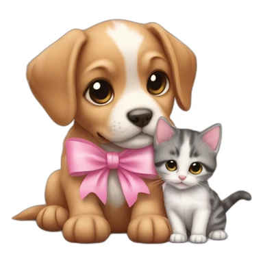 small puppy with a kitten, both with a pink bow sticker