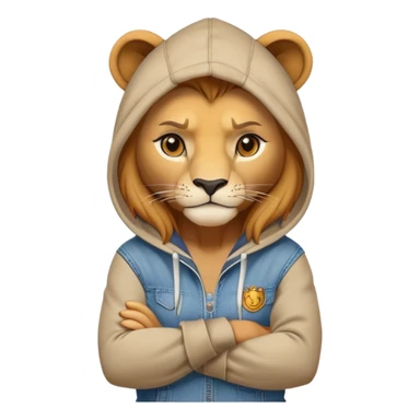 determined anthropomorphised female lion in a hoodie and jeans with arms folded, energetic pose sticker