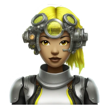 Neon yellow bobbed hair Asian female cyborg head with silver steampunk goggles and circuits sticker