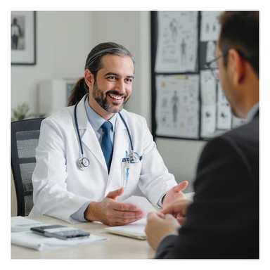 vertical scene in a professional medical office, a doctor suggesting orthotic insoles to a client with poor posture, including symbols of exercises and other specialists to communicate a holistic approach, professional illustrative style sticker