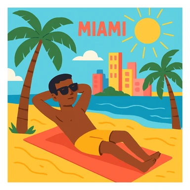 flat toon style of a person relaxing under the sun on Miami sand with bright colors and palm trees sticker
