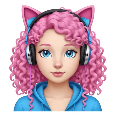 A woman with curly half black half white long hair and bright blue eyes wearing pink cat over the ear headphones sticker