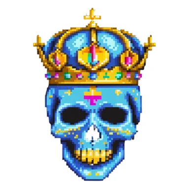 pixel art of a colorful skull with vibrant colors, wearing a gold crown and a bright ski mask sticker